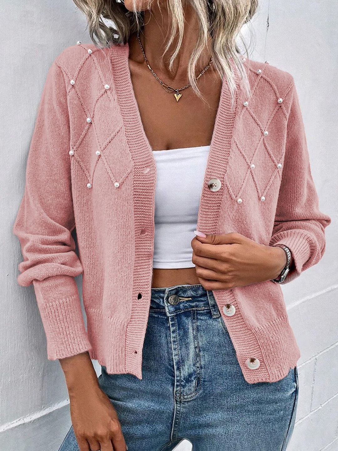 

StyleCast Women Embroidered Ribbed V-Neck Cardigan, Rose gold