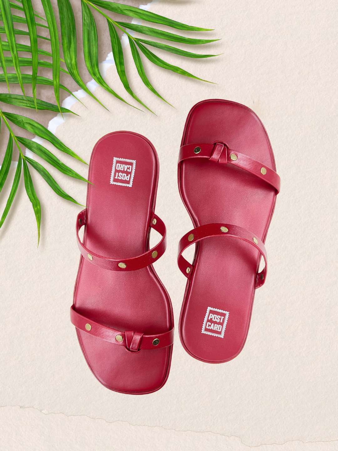 

POSTCARD Women Printed Open Toe Flats, Maroon