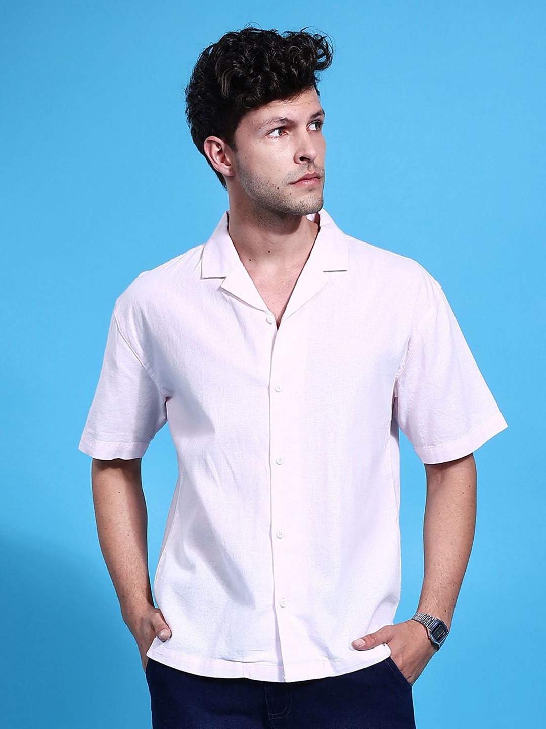 

The Indian Garage Co Men Cuban Collar Relaxed Fit Linen Resortwear Shirt, Pink