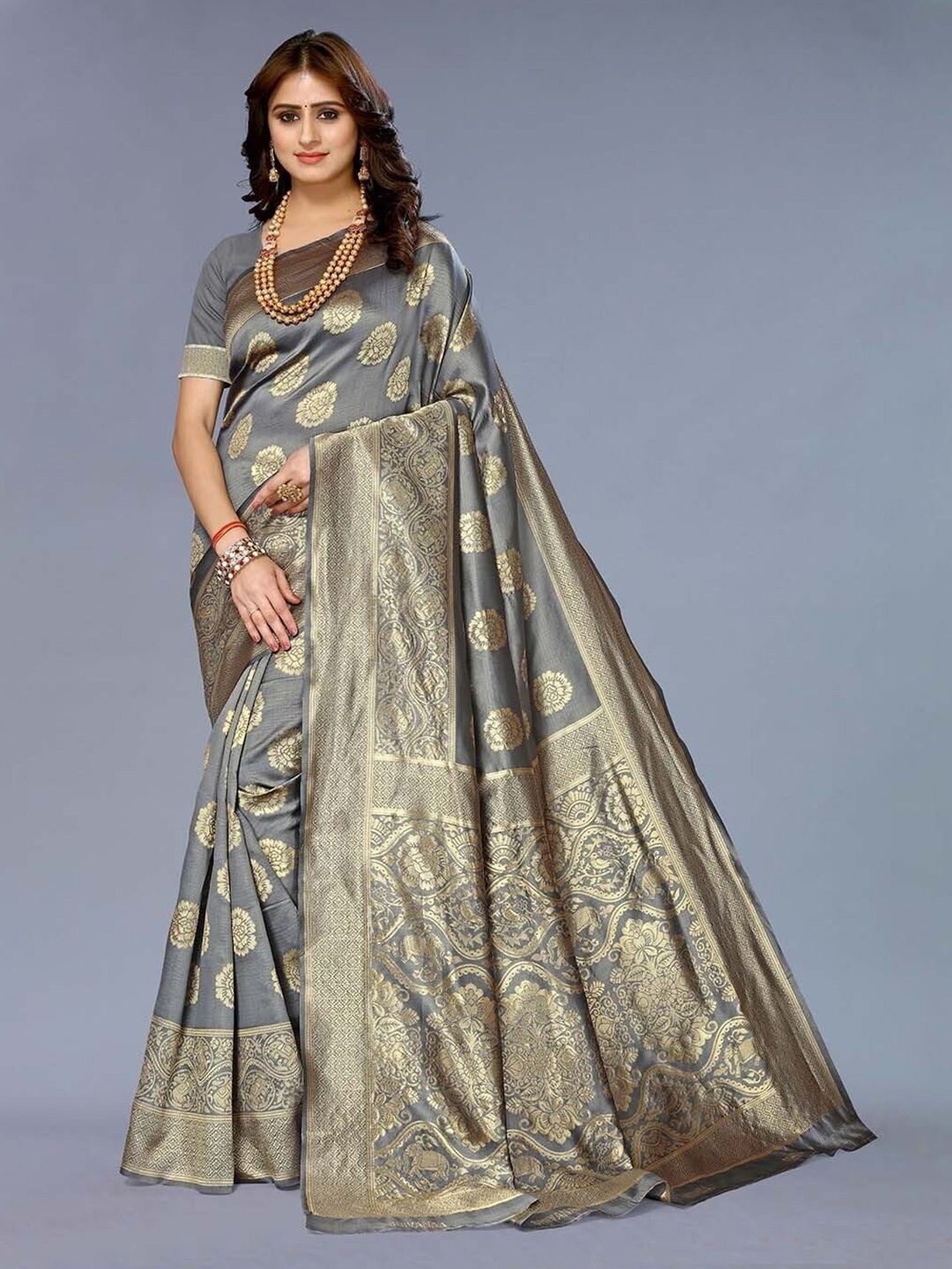 

KALINI Woven Design Zari Pure Silk Banarasi Saree, Grey