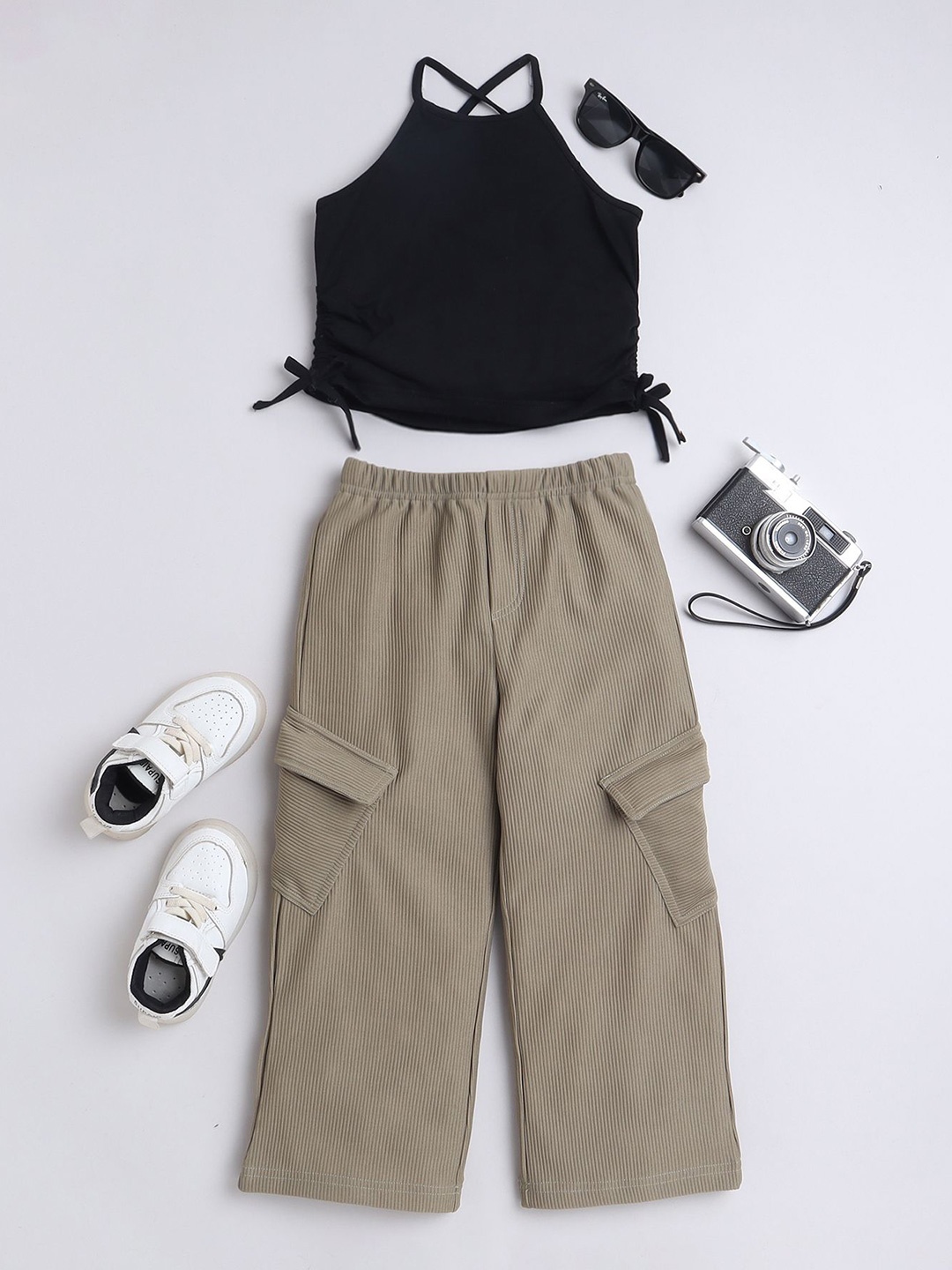 

taffykids Girls Halter Neck Ruched Crop Top with Cargo Trousers, Black