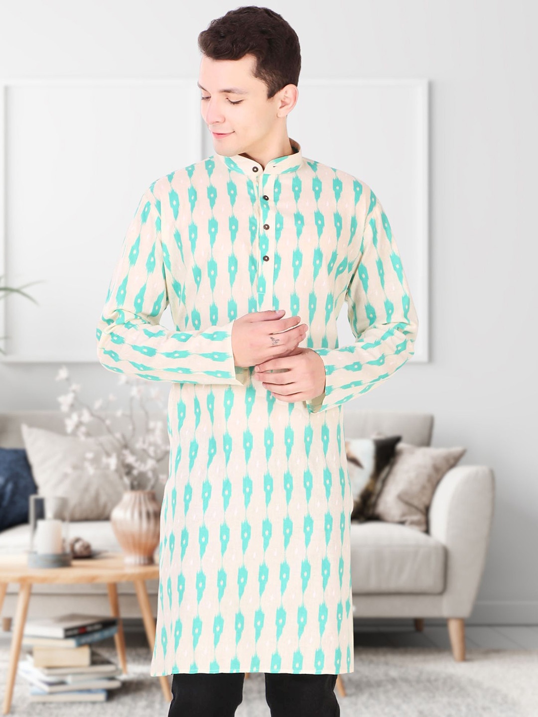 

SKAVIJ Printed Mandarin Collar Cotton Kurta, Lime green