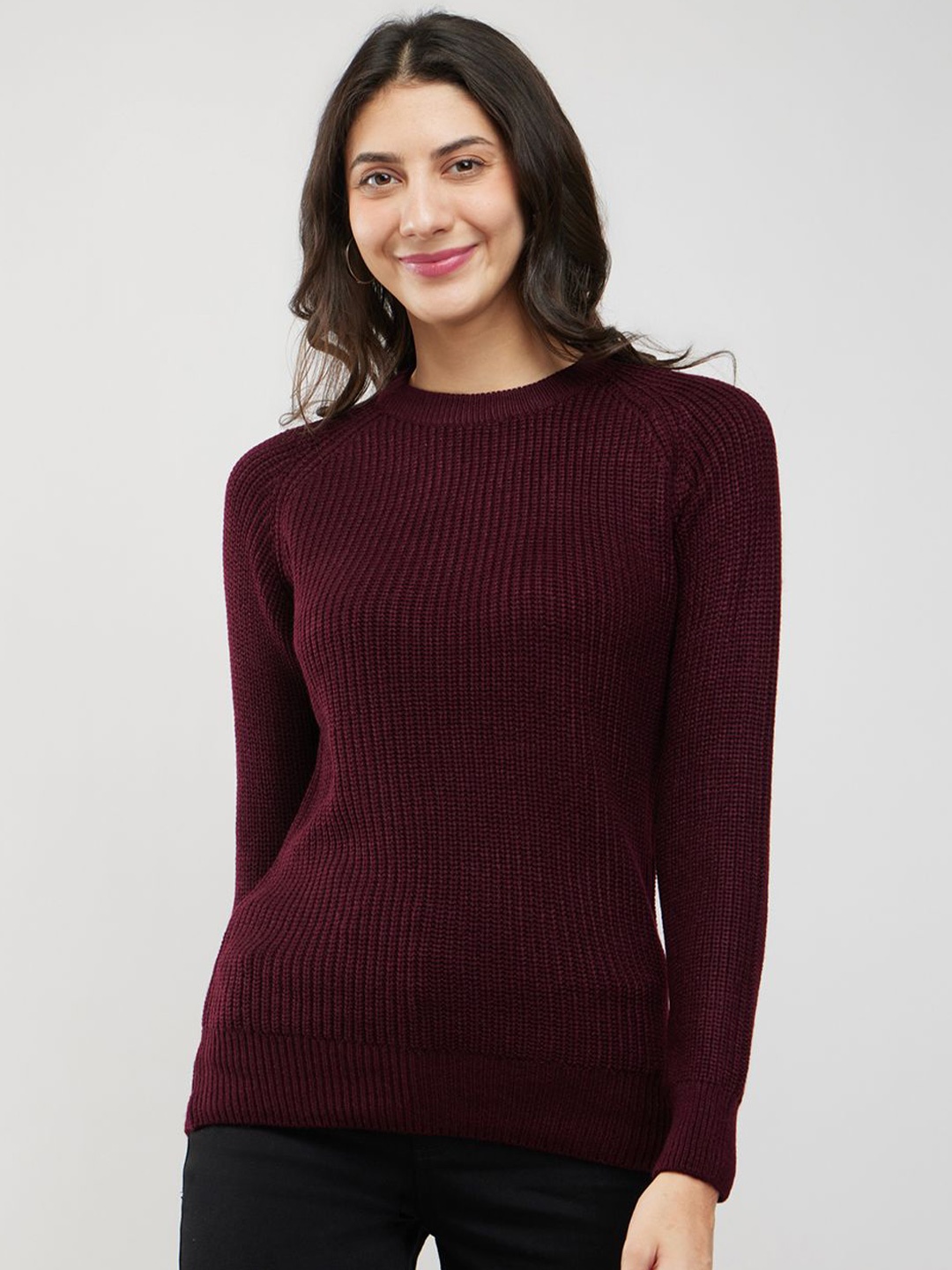 

FableStreet Women Striped Pullover Sweater, Burgundy