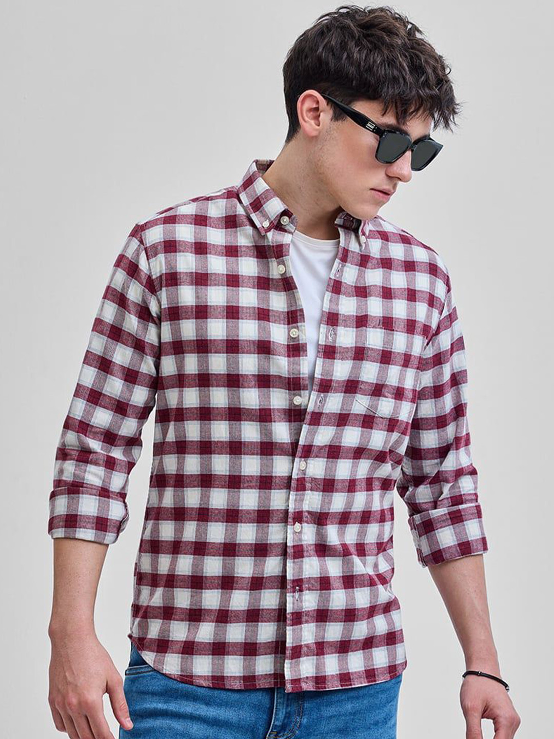 

Snitch Men Smart Slim Fit Checked Pure Cotton Casual Shirt, Red