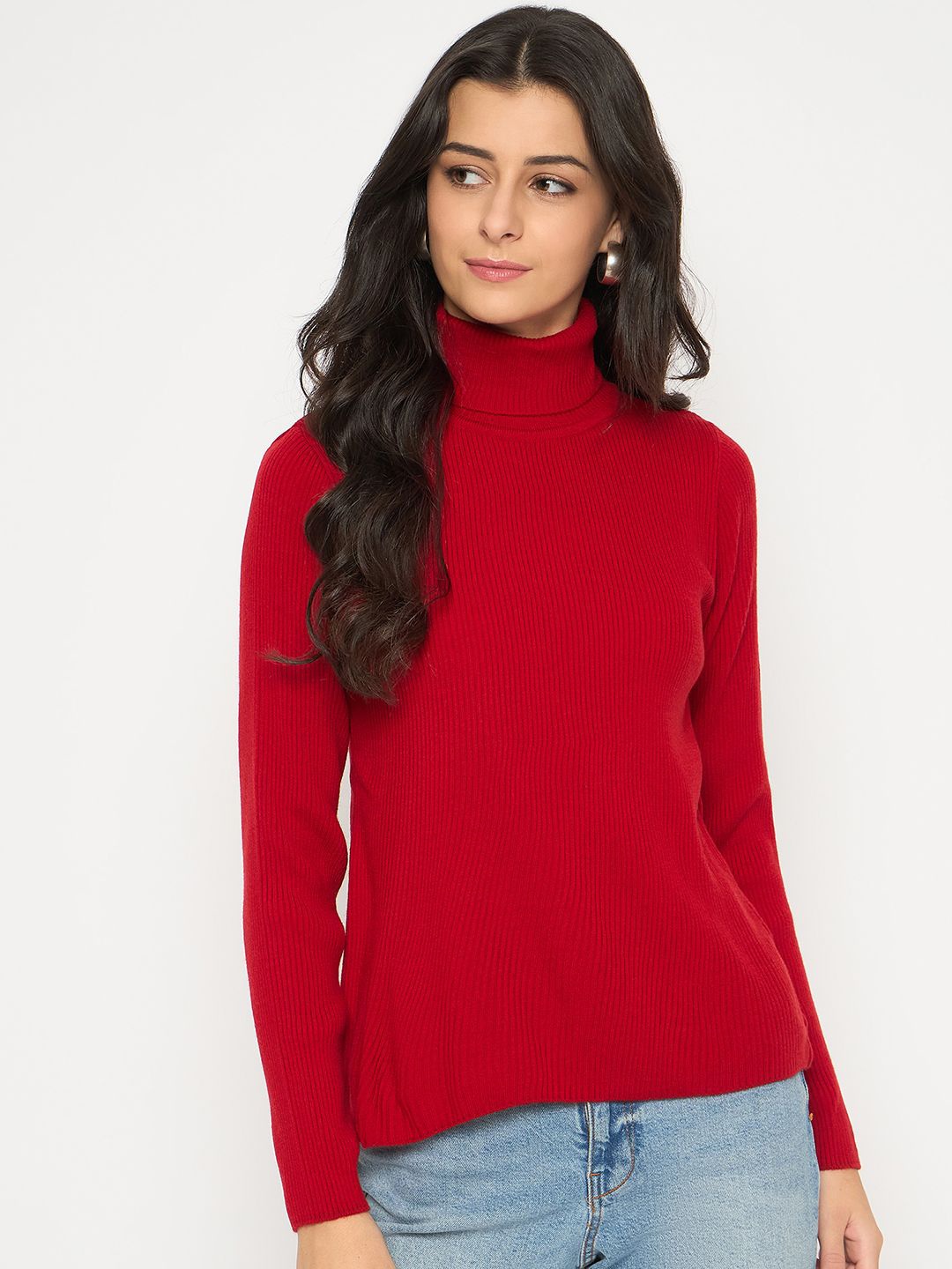 

Madame Women Ribbed Turtle Neck Pullover, Red