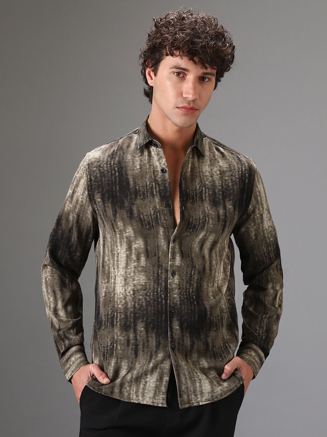 

Banana Club Men Classic Slim Fit Printed Casual Satin Shirt, Brown