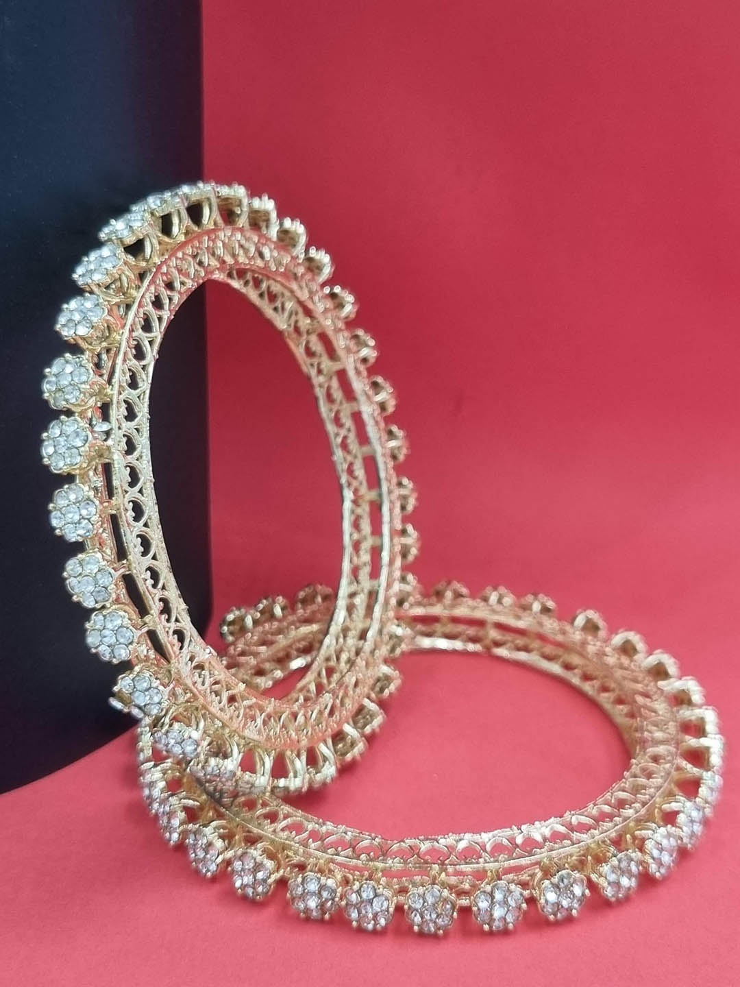 

AARNAA Set Of 2 Gold-Plated American Diamond Studded Bangles