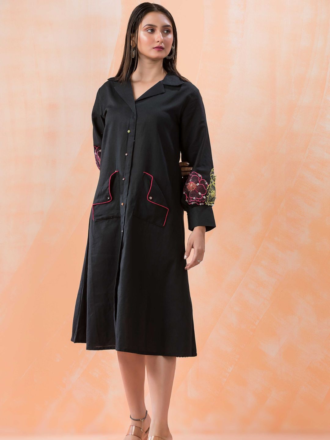 

Zolo Label Women Floral Embroidered Cotton A-Line Dress, Black