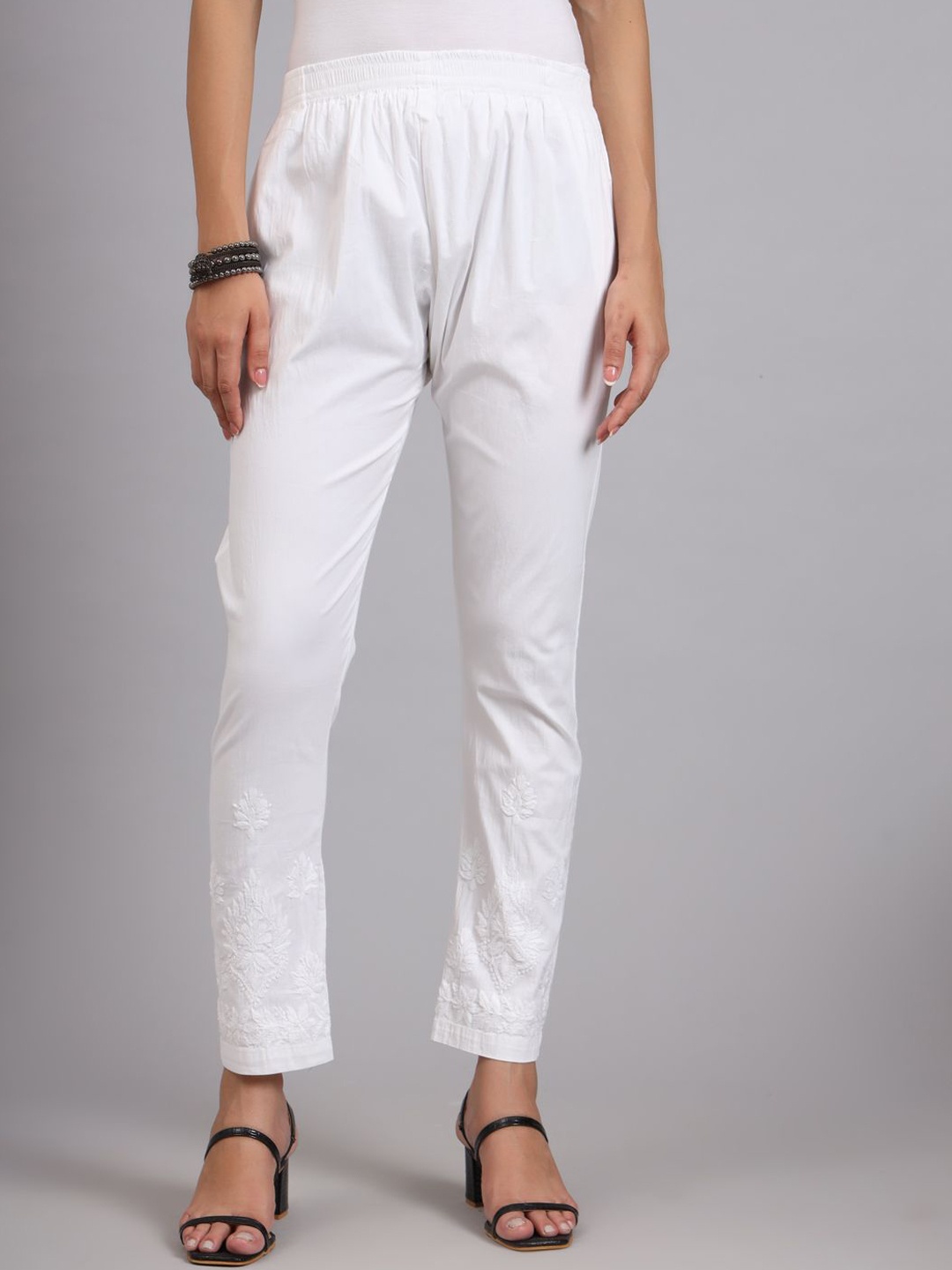 

The Chikan Label Women Floral Embroidered Relaxed Straight Leg Straight Fit Trouser, White