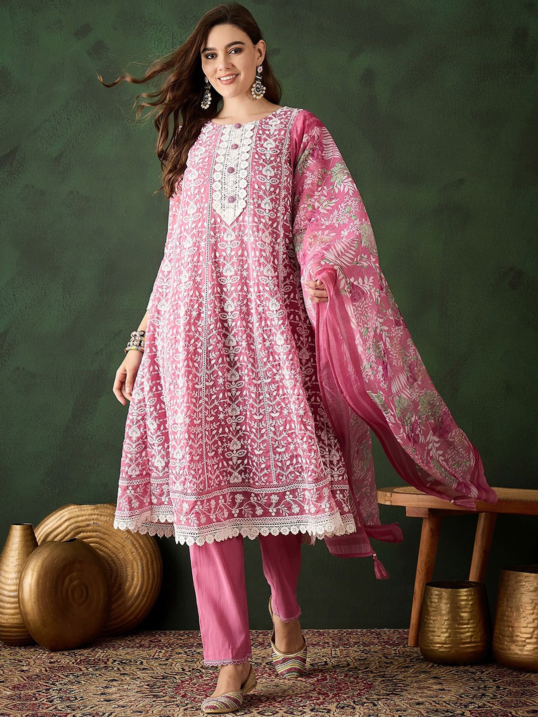 

Sangria Pink Floral Embroidered Thread Work Anarkali Organza Kurta With Trousers Dupatta