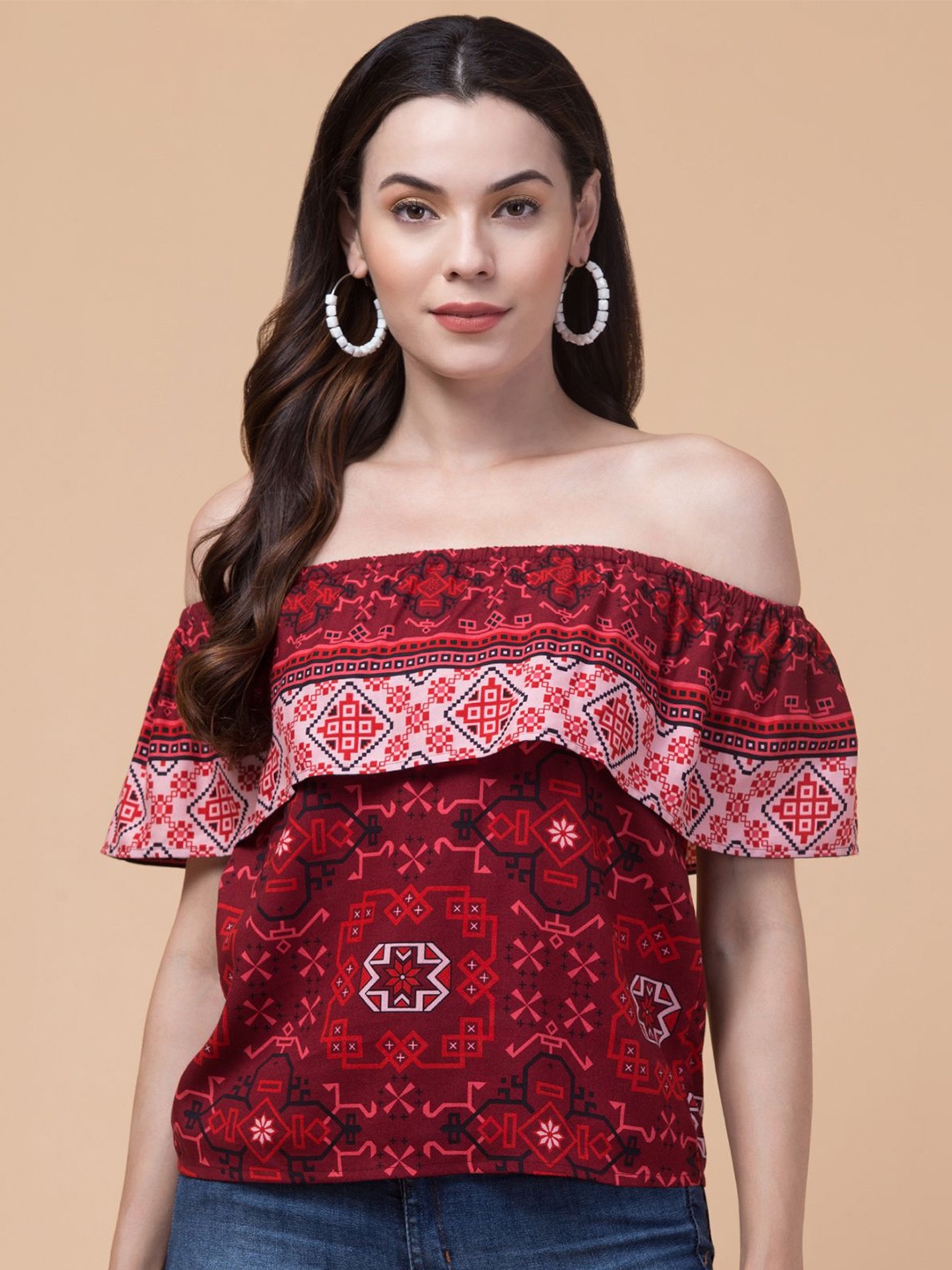 

Hive91 Women Ethnic Motifs Printed Off-Shoulder Crop Top, Maroon