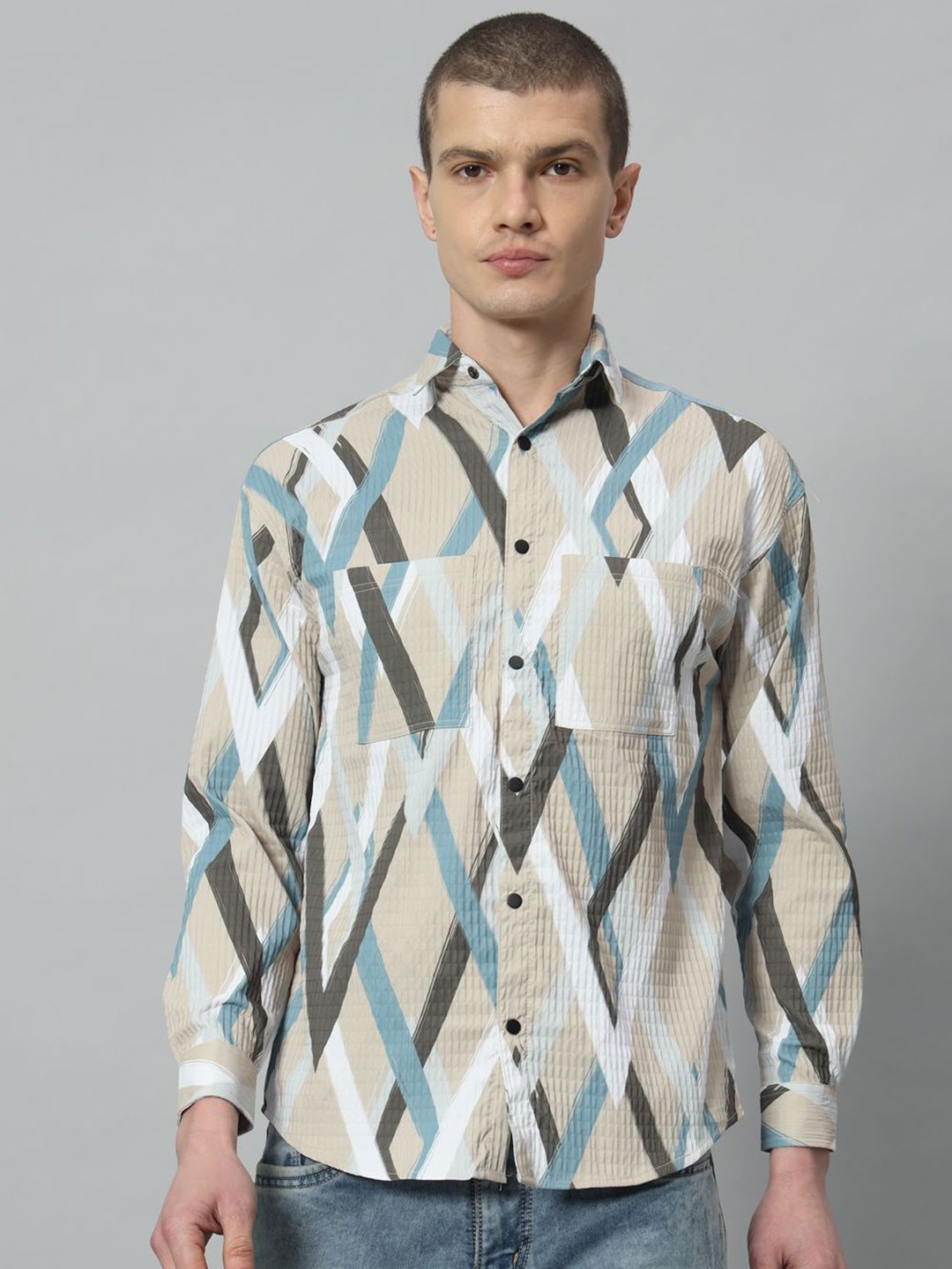 

ROCK AND ROLL Men Spread Collar Geometric Printed Casual Shirt, Beige