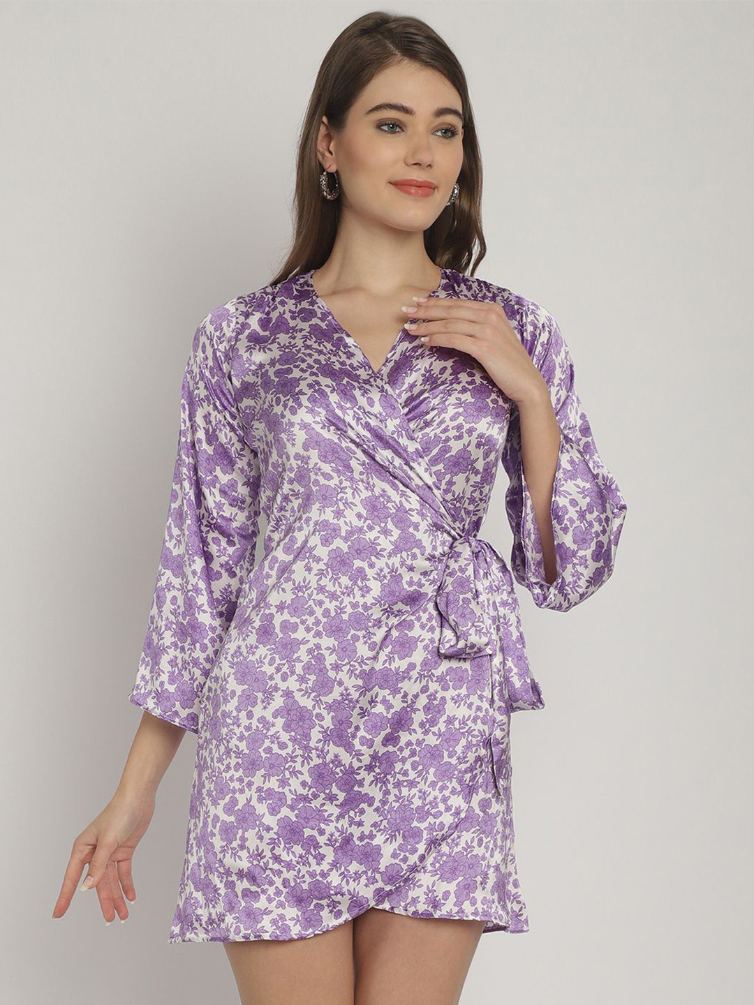 

Blissence Women Floral Printed Bell Sleeve Satin Dress, Purple