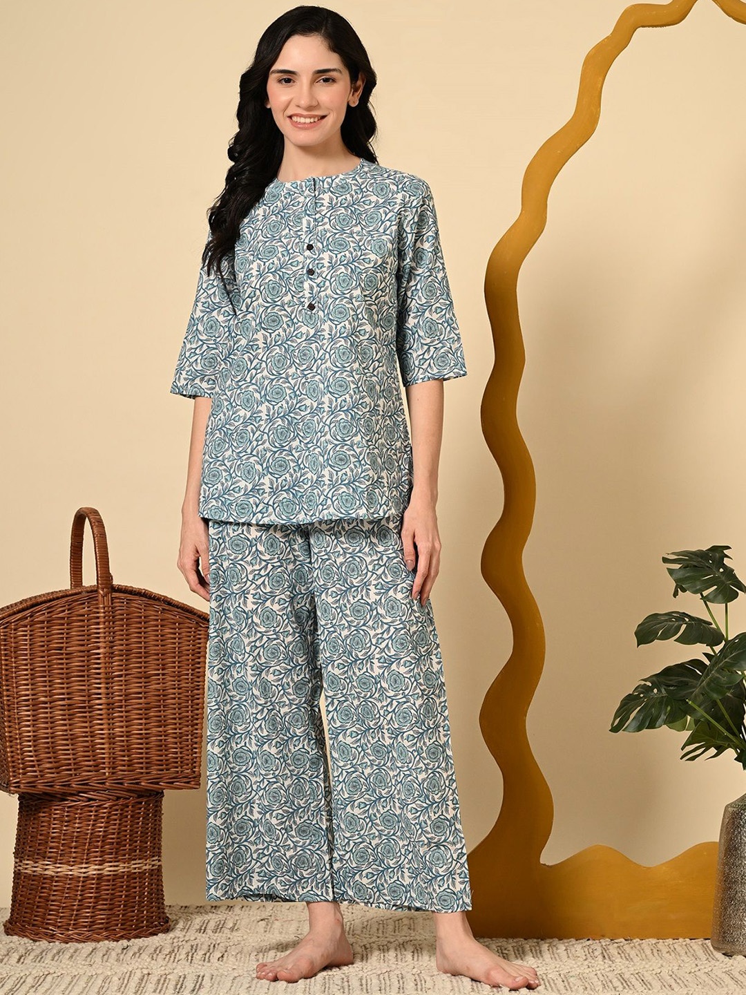 

RAJPUTANA CAMISA Women Floral Printed Night suit, Blue