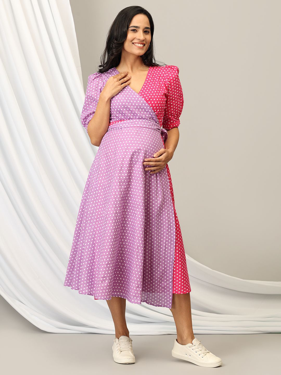 

The Mom Store Women Polka Dot Printed Belted Maternity Midi Wrap Dress, Lavender
