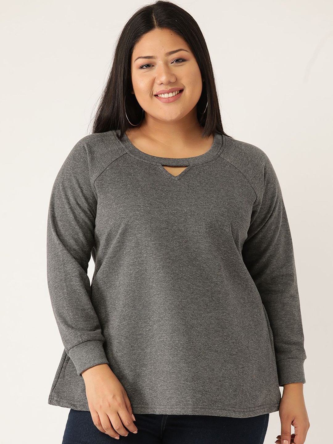 

theRebelinme Women Plus Size Cotton Round Neck Long Sleeves Casual Sweatshirt, Charcoal