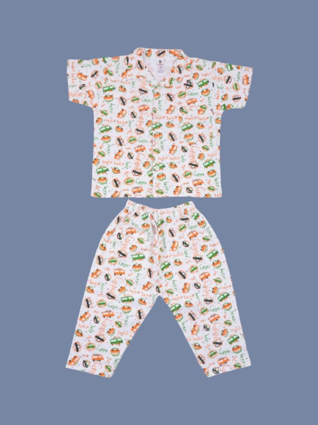 

Yellow Bee Boys Printed Shirt Collar Pure Cotton Night Suit, Off white
