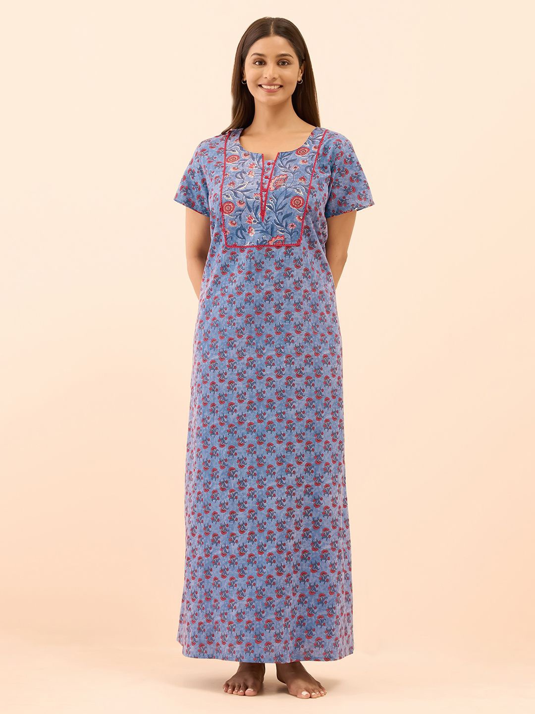 

Maybell Women Pure Cotton Printed Maxi Nightdress, Blue