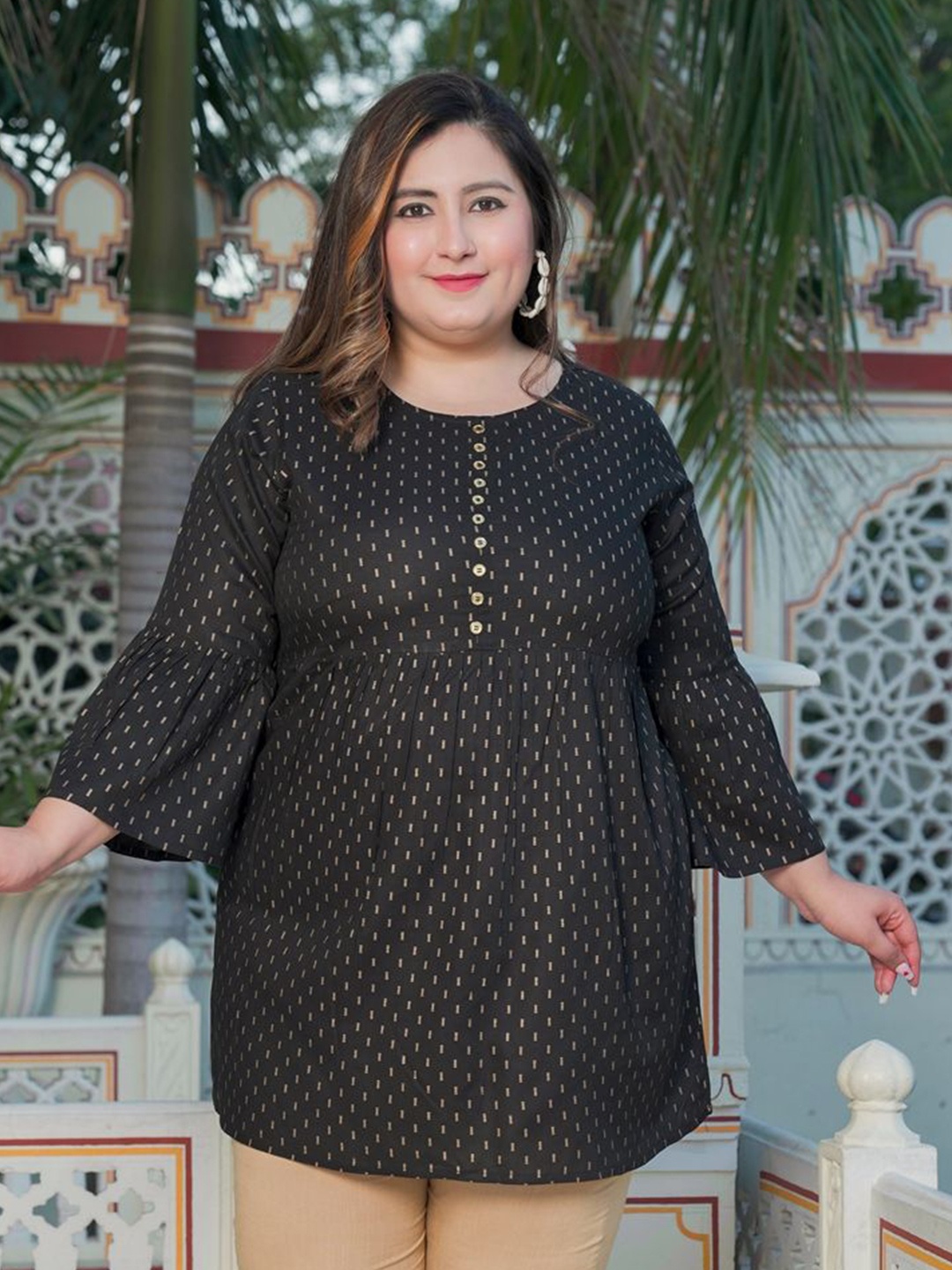 

IKRASS Women Plus Size Geometric Woven Design Brocade Kurti, Black