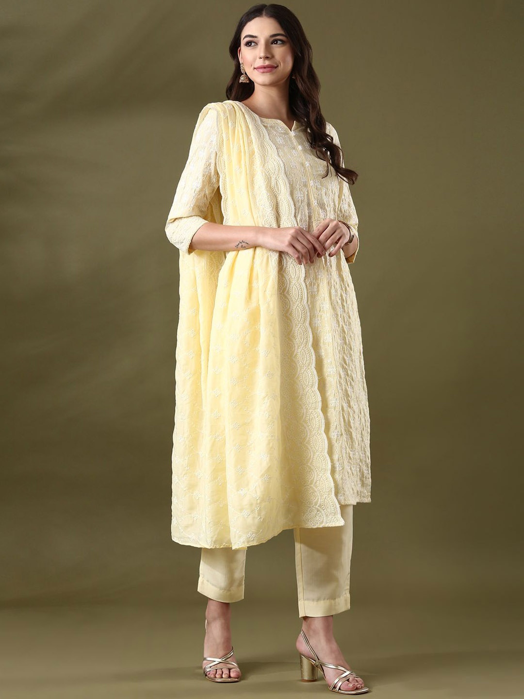

Anouk Yellow Floral Embroidered Pure Cotton Straight Kurta With Trousers & Dupatta