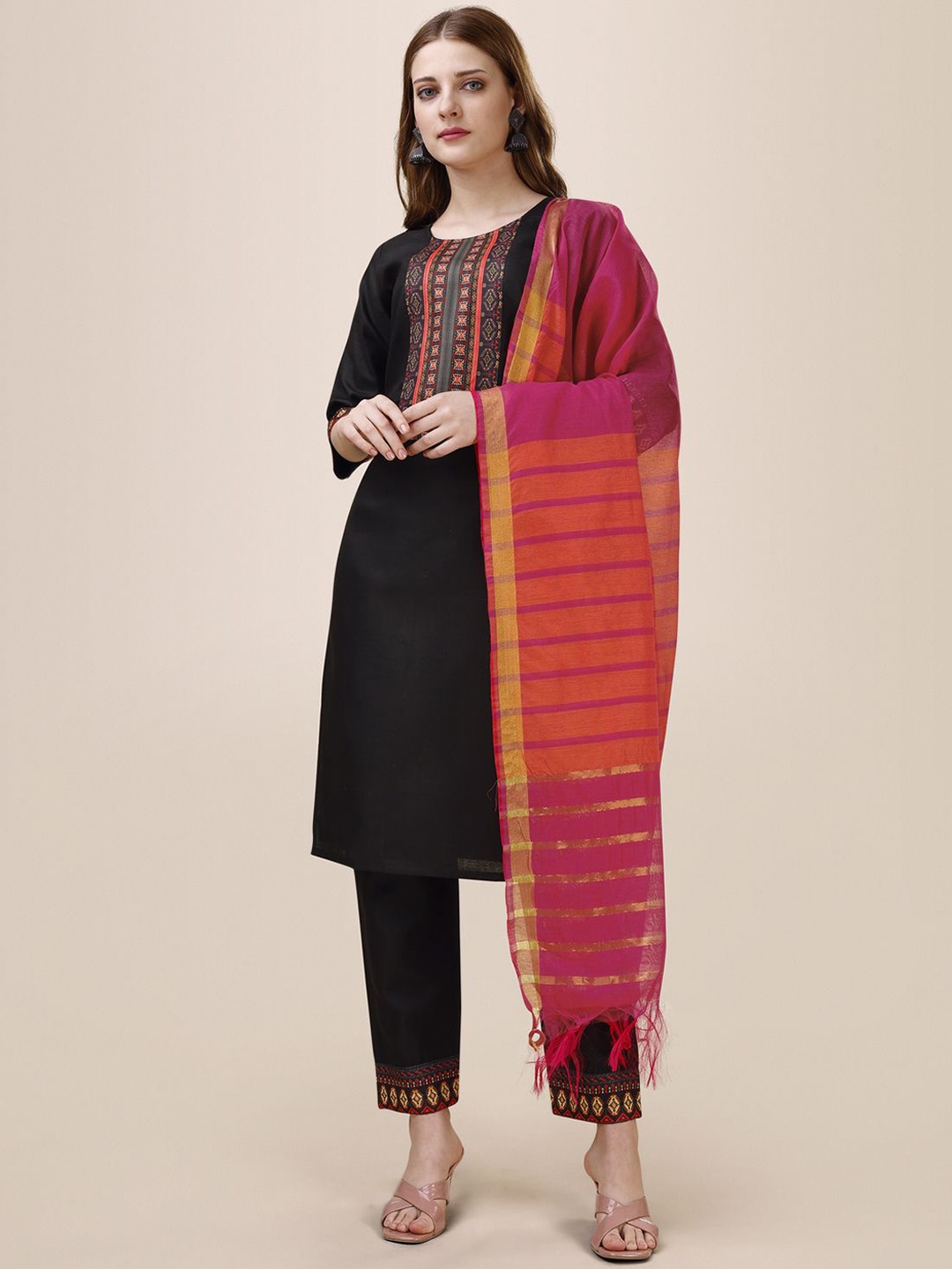 

Sidhidata Geometric Yoke Design Straight Kurta With Trouser & Dupatta, Black