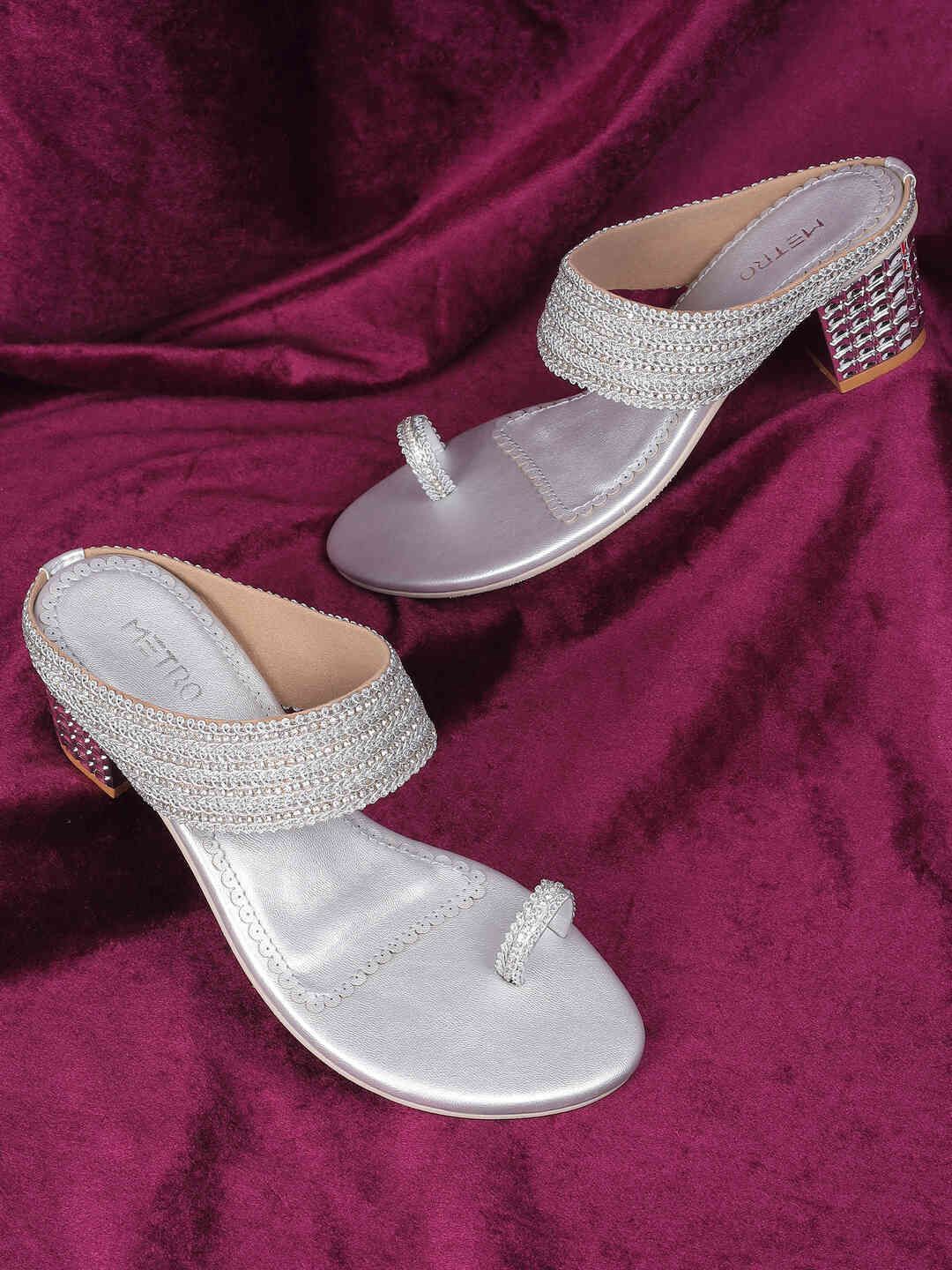 

Metro Women Ethnic - Embellished Block Sandals, Silver