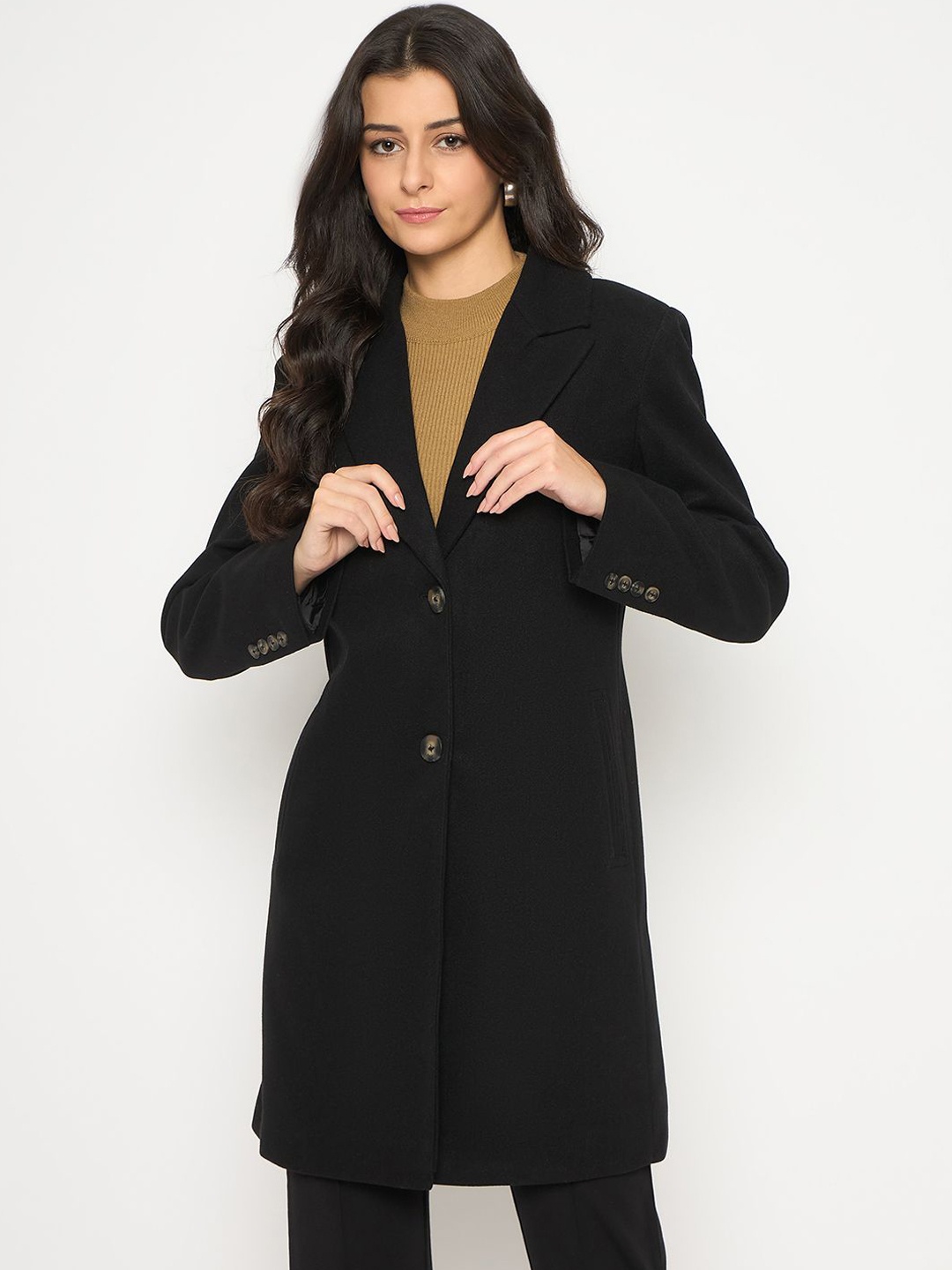 

Madame Women Notched Lapel Long Coats, Black