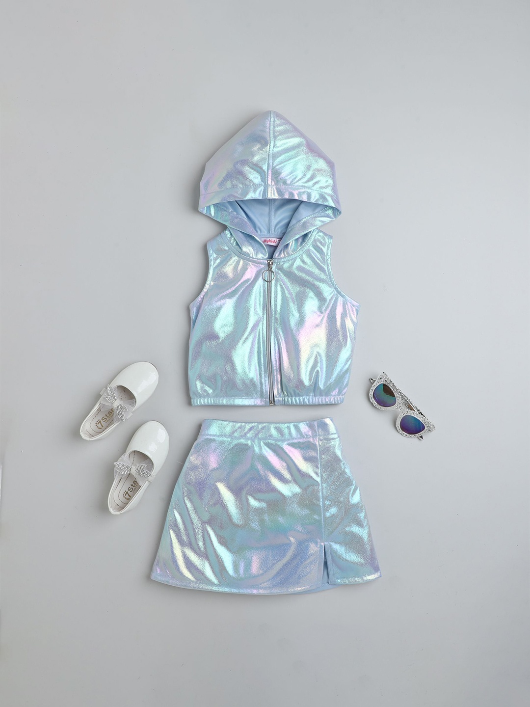 

taffykids Girls Holographic Sleeveless Zip-Up Hooded Crop Top With Slit Detail Skirt, Blue