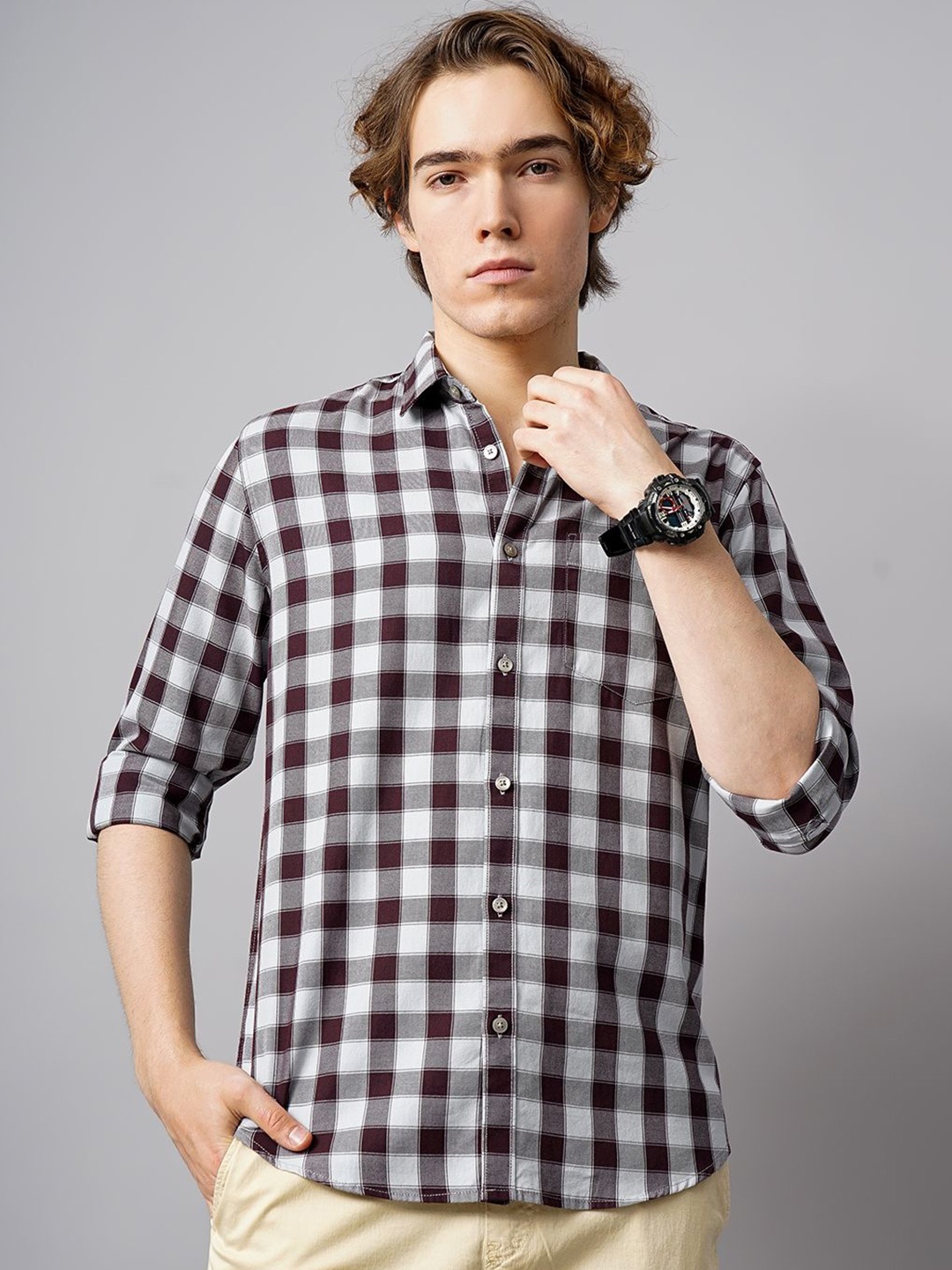 

British Club Men Slim Fit Gingham Checks Casual Shirt, Maroon