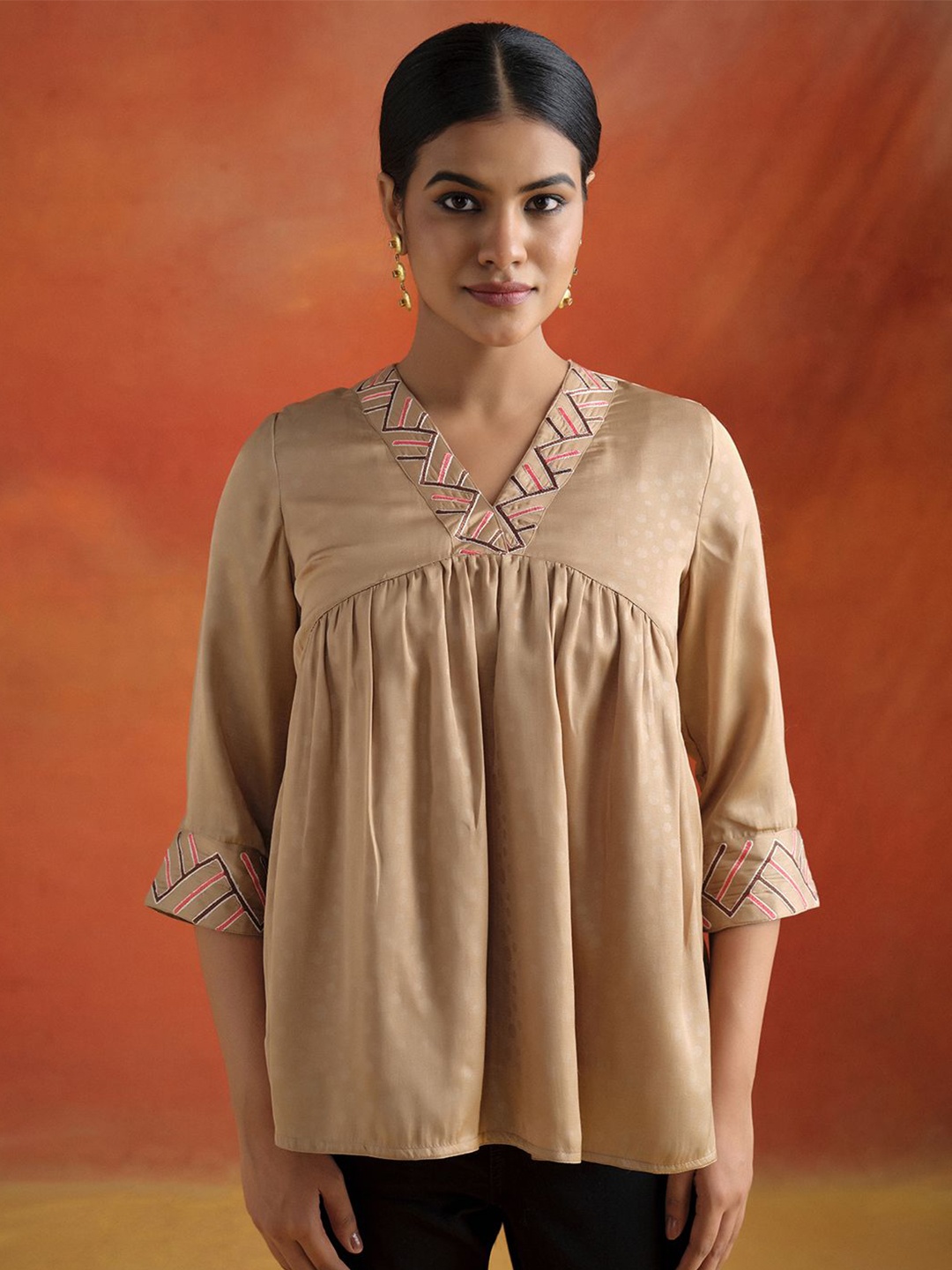

Jaipur Kurti Women Embroidered V - Neck Top, Beige