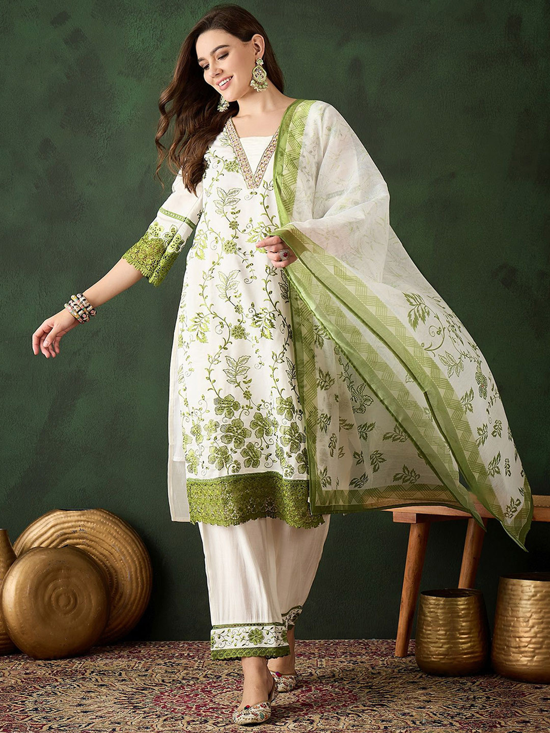 

Sangria Floral Embroidered Thread Work Roman Silk Straight Kurta & Trouser With Dupatta, Green