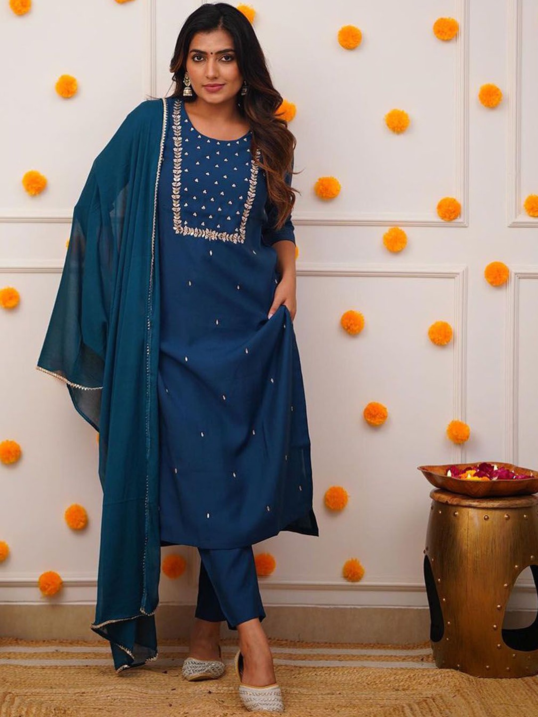 

KALINI Floral Embroidered Sequinned Straight Kurta With Trousers & Dupatta, Teal