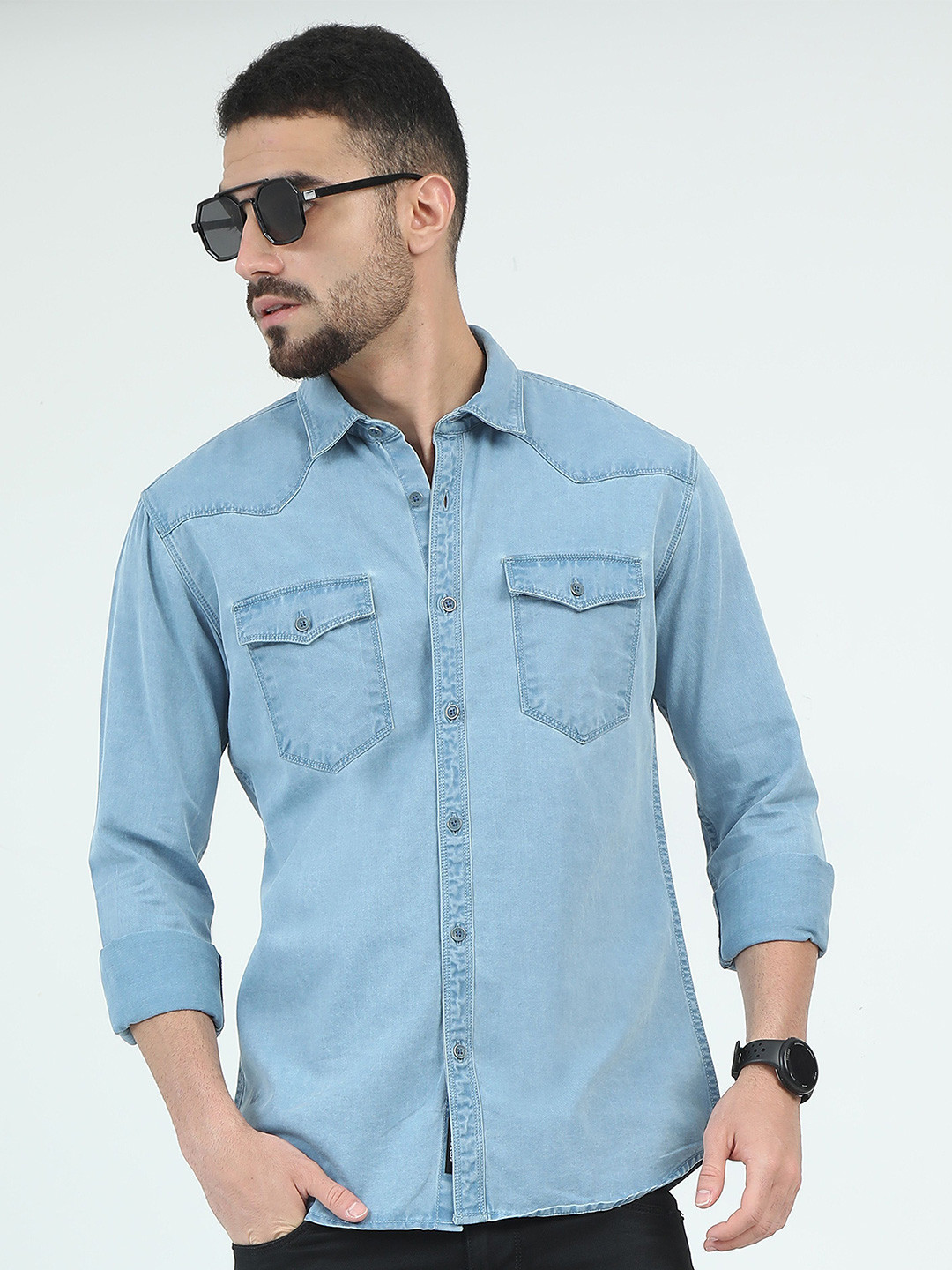 

RIGS AND RAGS Men Classic Casual Denim Shirt, Turquoise blue
