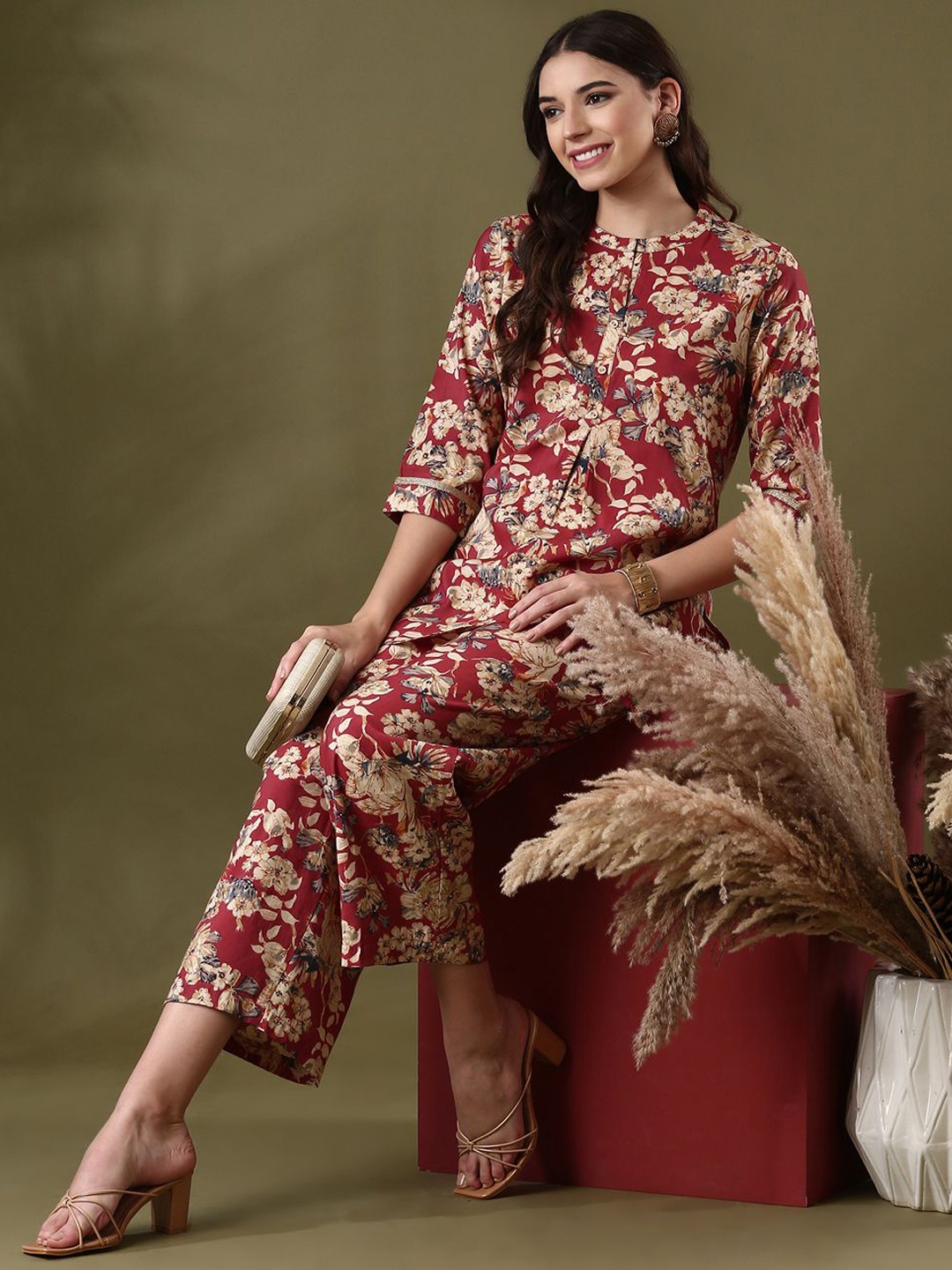 

Anouk Red Floral Printed Mandarin Collar Tunic & Palazzo