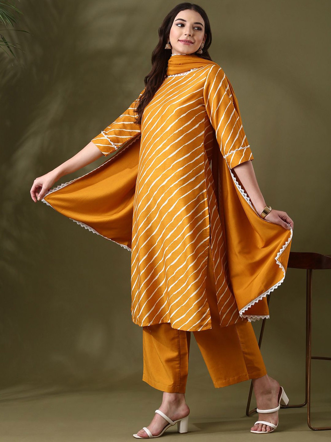 

Anouk Mustard Yellow Leheriya Printed Round Neck Straight Kurta With Trousers & Dupatta