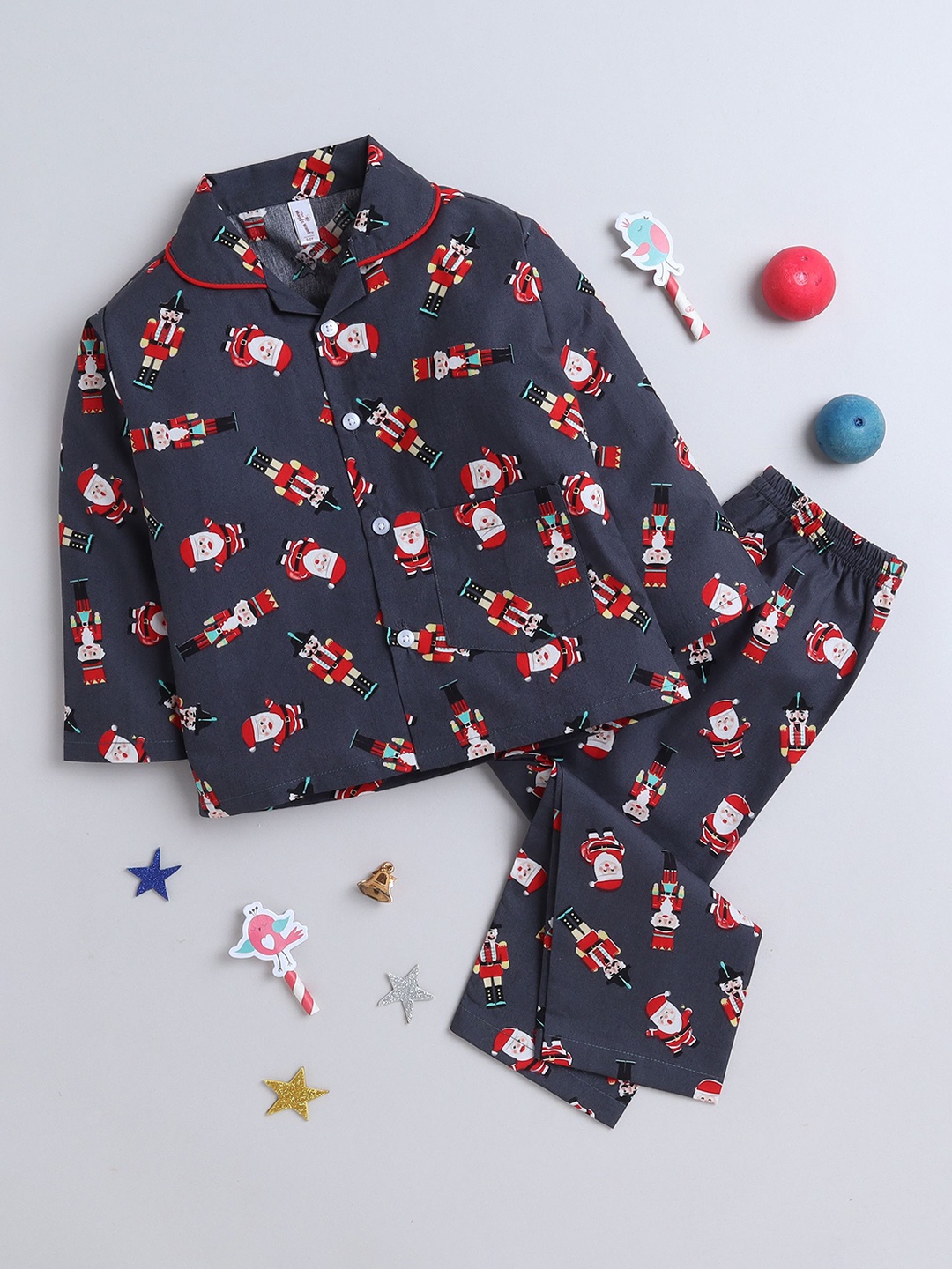 

The Magic Wand Boys Shirt Collar Printed Night suit, Grey