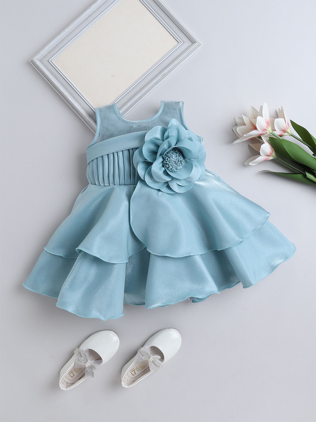 

The Magic Wand Girls Satin Floral Corsage Fit & Flare Dress, Blue