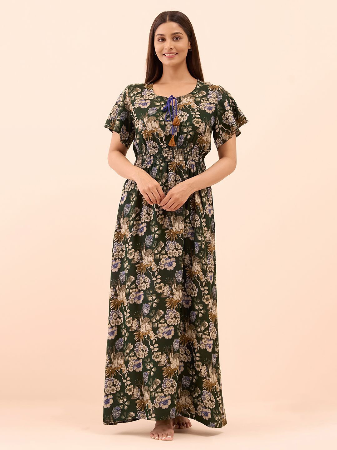 

Maybell Women Floral Printed Round Neck Maxi Nightdress, Green