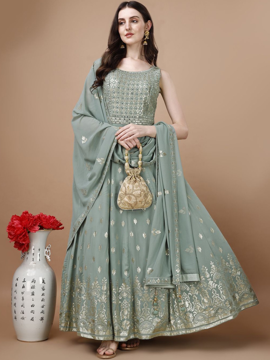 

VANAKARA Women Sequin Embroidered Anarkali Ethnic Dress With Dupatta, Olive