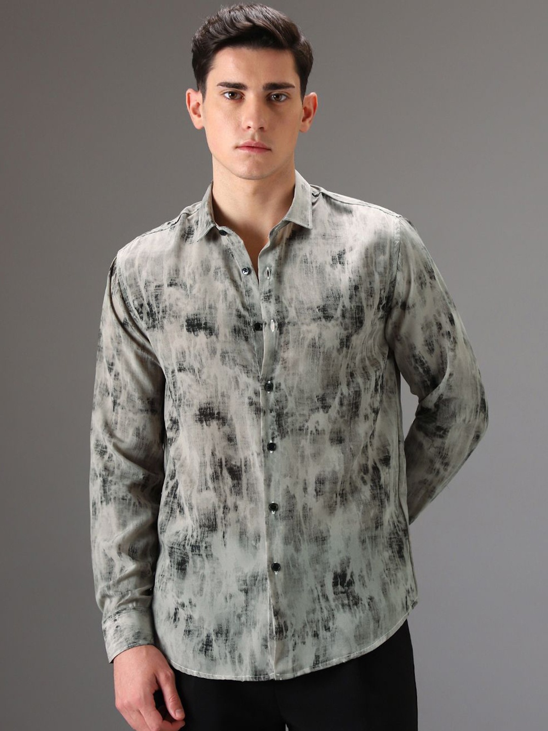 

Banana Club Men Classic Slim Fit Printed Casual Satin Shirt, Grey