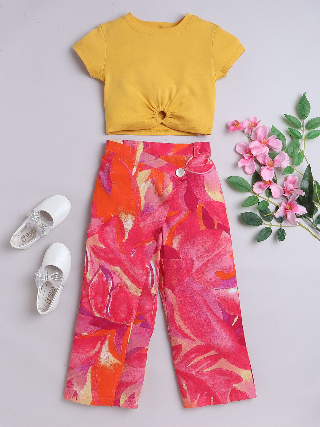 

taffykids Girls Cut-Out Detail Crop Pure Cotton Top with Floral Printed Wrap Trousers, Yellow