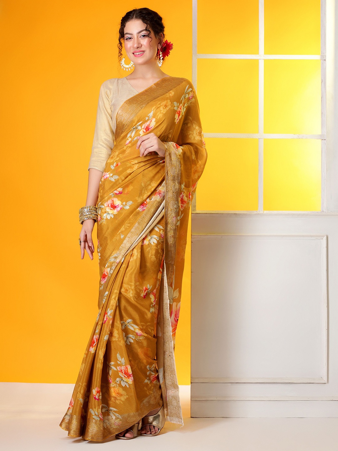 

REETI OF PRINTS Pure Chiffon Floral Printed Woven Design Saree, Mustard
