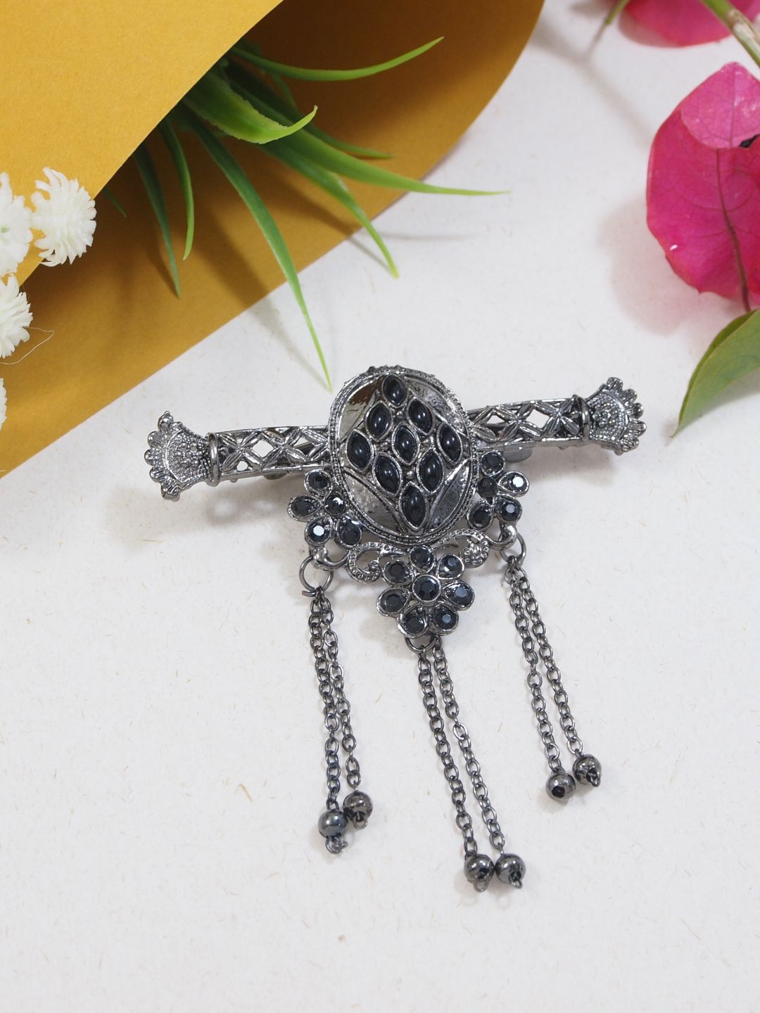 

I Jewels Silver-Plated Oxidised Kundan Safa Kalangi Brooch