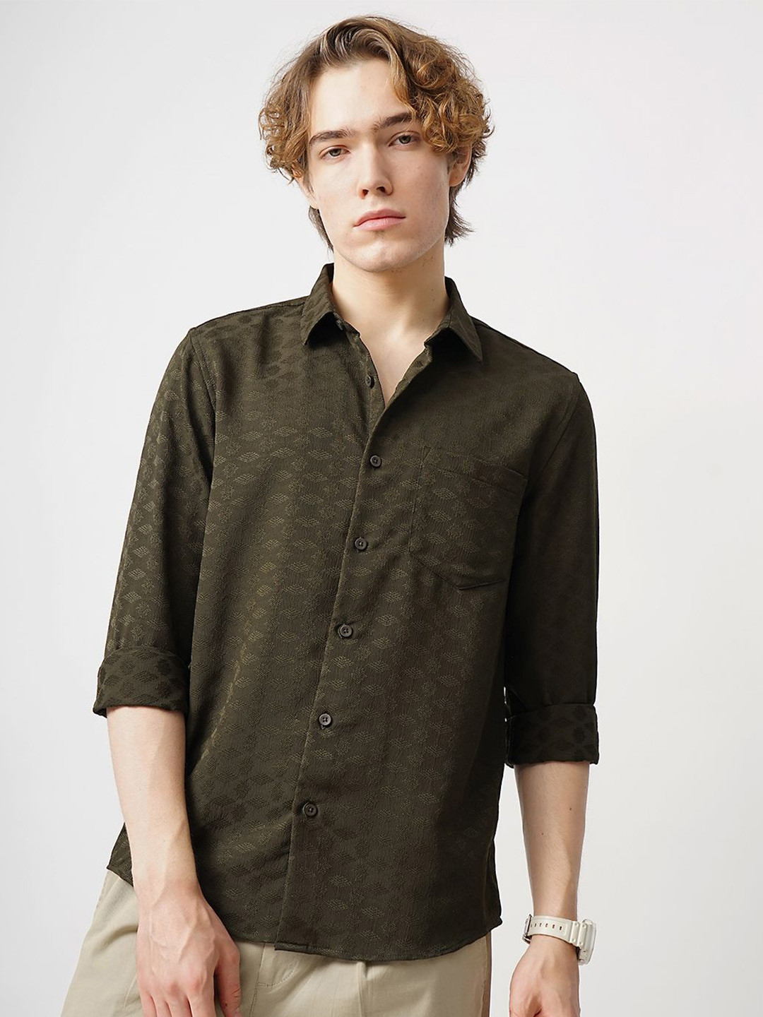 

British Club Men Classic Textured Casual Shirt, Olive