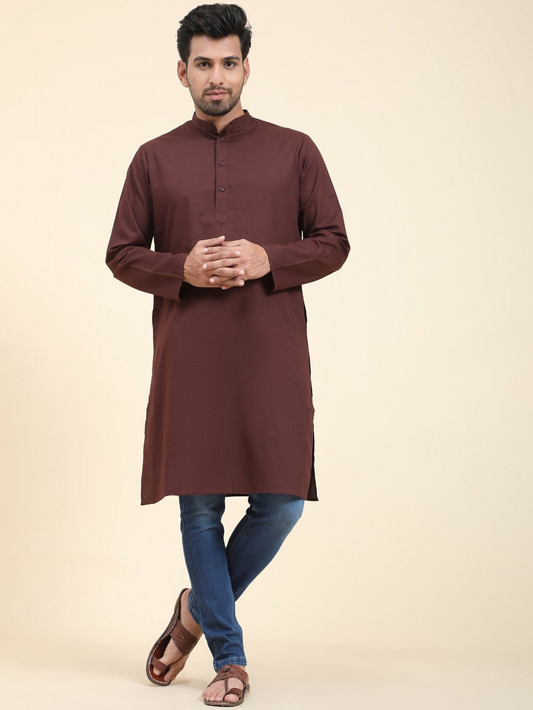 

SKAVIJ Mandarin Collar Cotton Straight Kurta, Brown