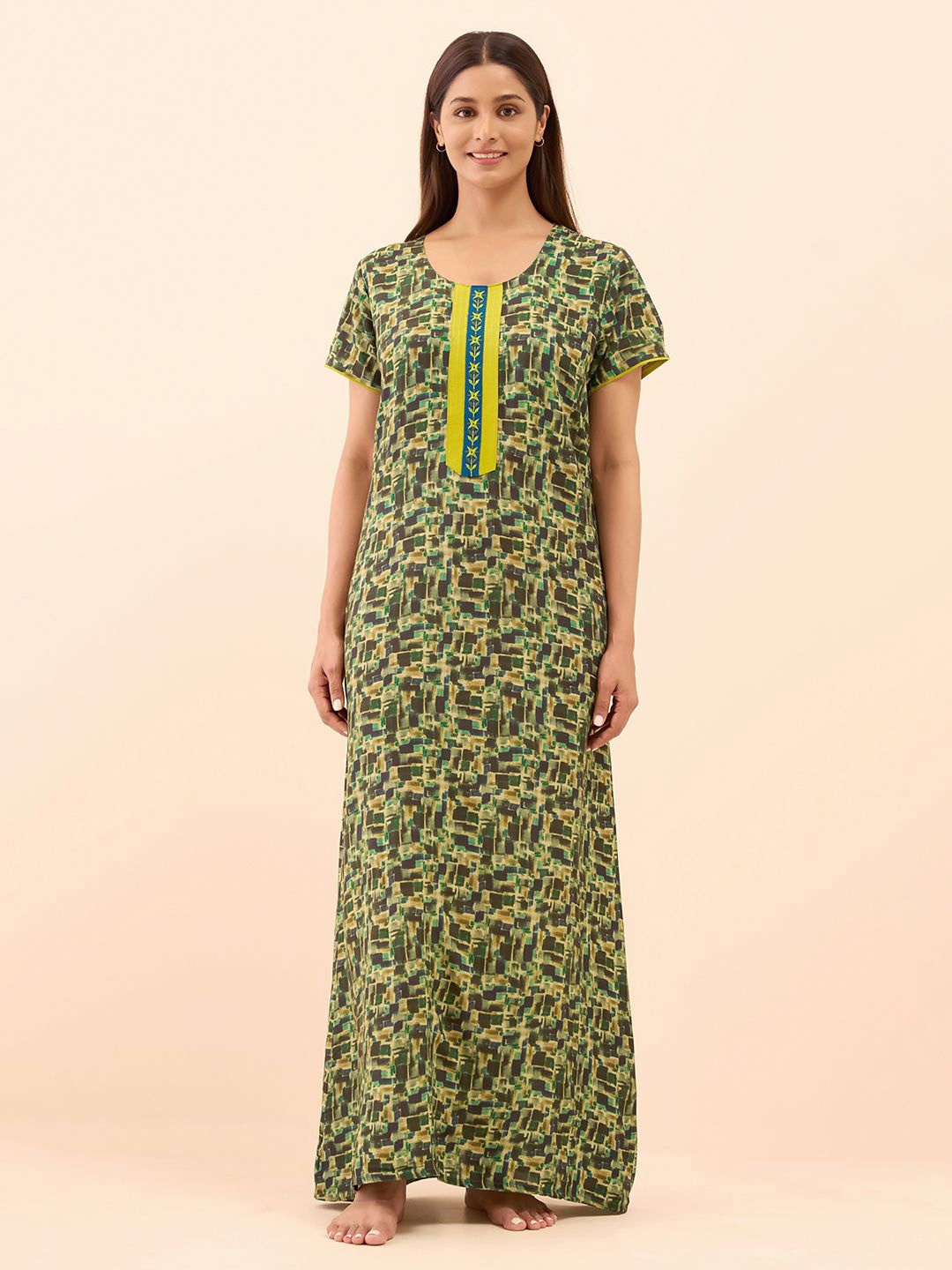 

Maybell Women Abstract Printed Round Neck Maxi Nightdress, Green