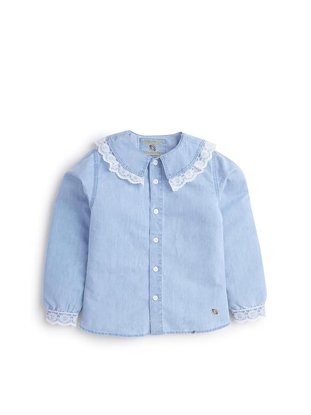 

Knit N Knot Embellished Peter Pan Collar Cotton Shirt Style Top, Blue