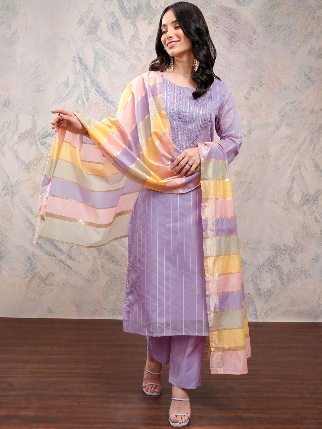 

Vishudh Lavender Striped Embroidered Sequinned Kurta With Trousers & Dupatta