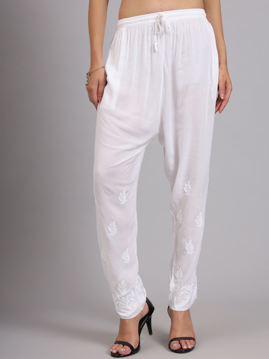 

The Chikan Label Women Ethnic Motifs Embroidered Straight Fit Trousers, White