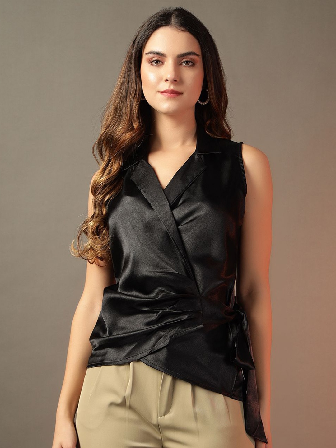 

Trend Arrest Women Satin Lapel Collar Wrap Top, Black
